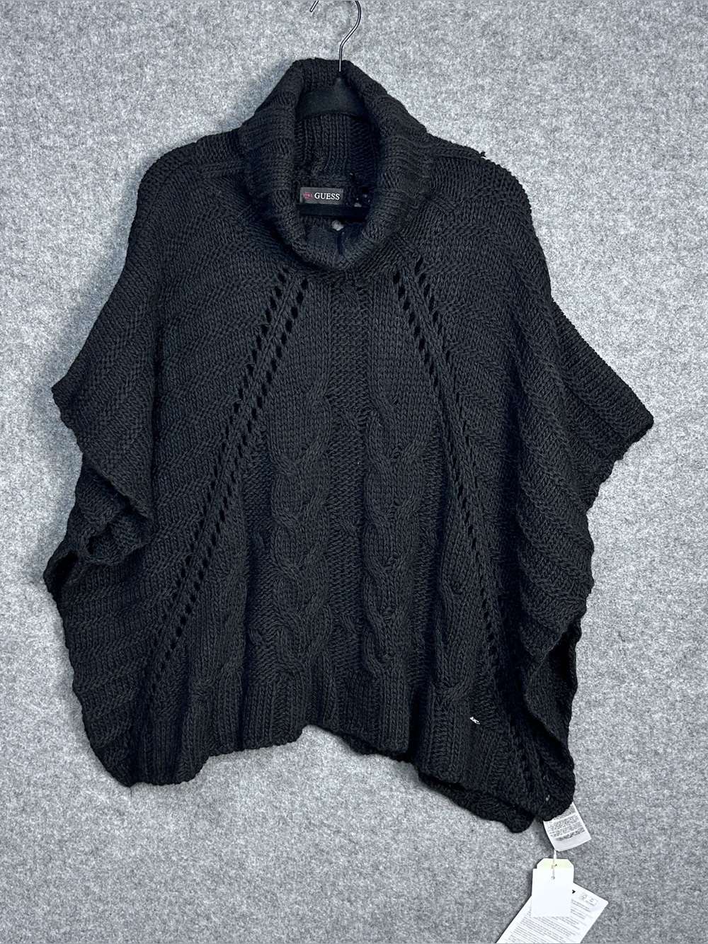 GUESS L Black Chunky Cable Knit Cowl-Neck Poncho Sweater Slouchy Drape Chic New